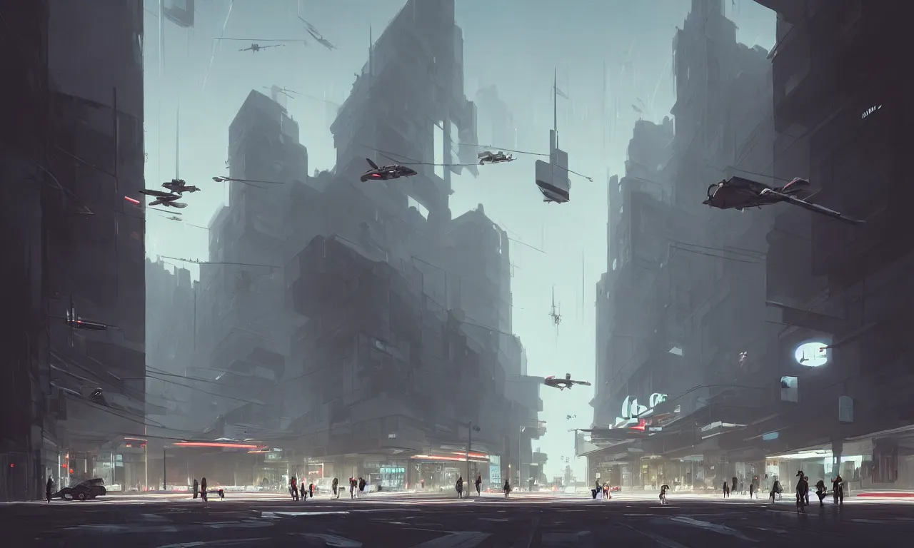 Image similar to simple streetscape, brutalist architecture, white neon lighting, flying vehicles, pedestrians walking, greg rutkowski, syd mead, ralph mcquarrie, concept art, matte painting, highly detailed, rule of thirds, dynamic lighting, cinematic, detailed, denoised, centered