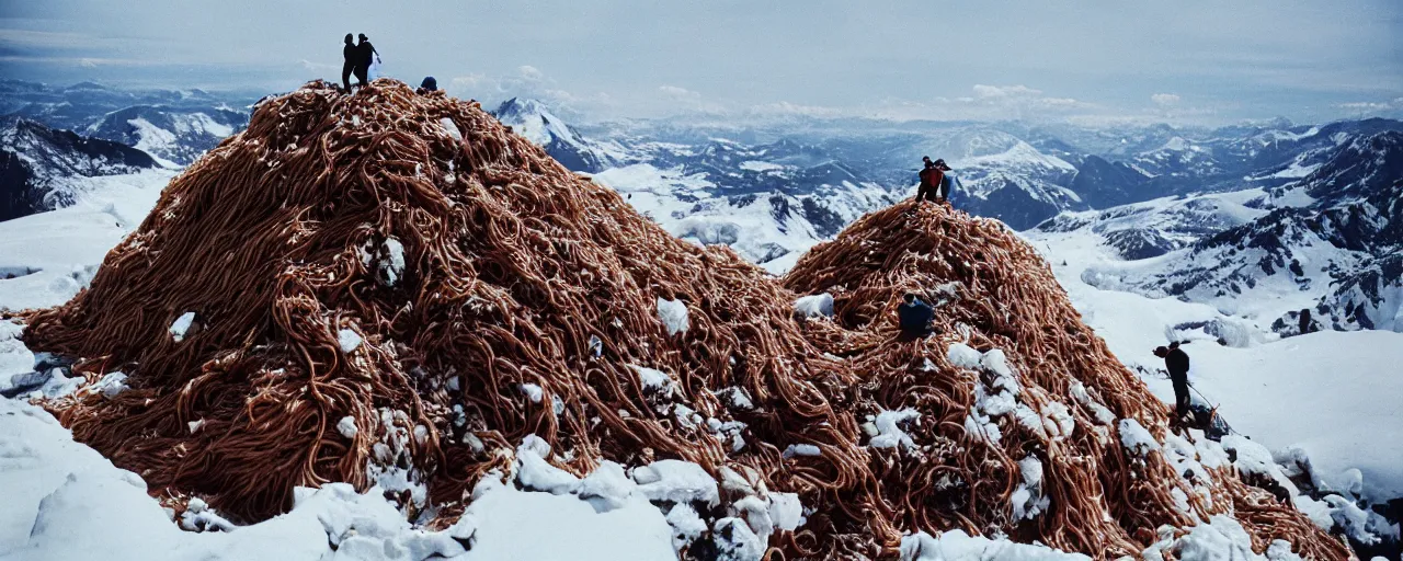 Image similar to hikers climbing over a mound of spaghetti on top of a frozen mountain, canon 5 0 mm, cinematic lighting, photography, retro, film, kodachrome