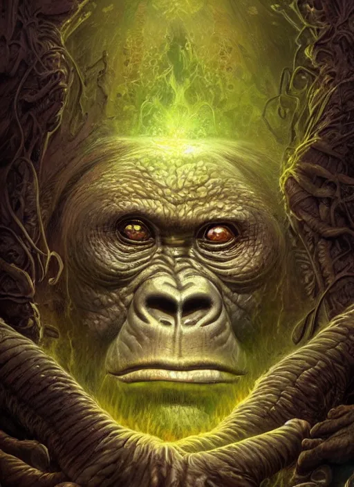 Prompt: deep jungle gorilla glowing reptile eyes, shamanic poster lsd art, intricate, elegant, highly detailed, centered, digital painting, artstation, concept art, smooth, sharp focus, illustration, artgerm, tomasz alen kopera, peter mohrbacher, donato giancola, joseph christian leyendecker, wlop, frank frazetta