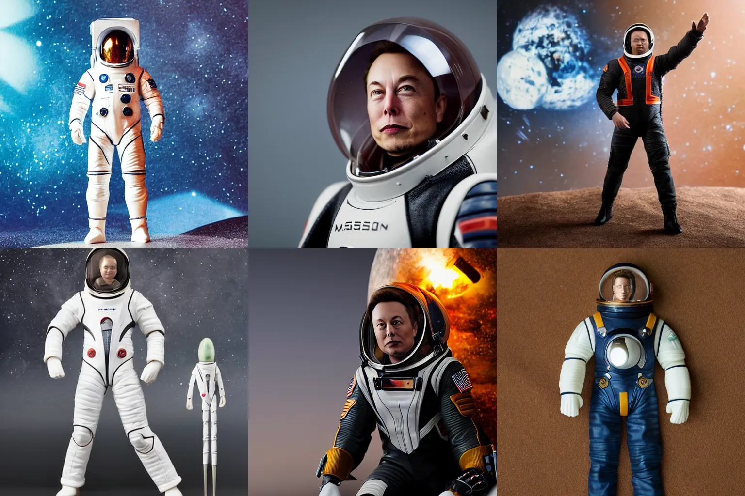 Prompt: elon musk in spacesuit action figure in heroic pose, product photography,