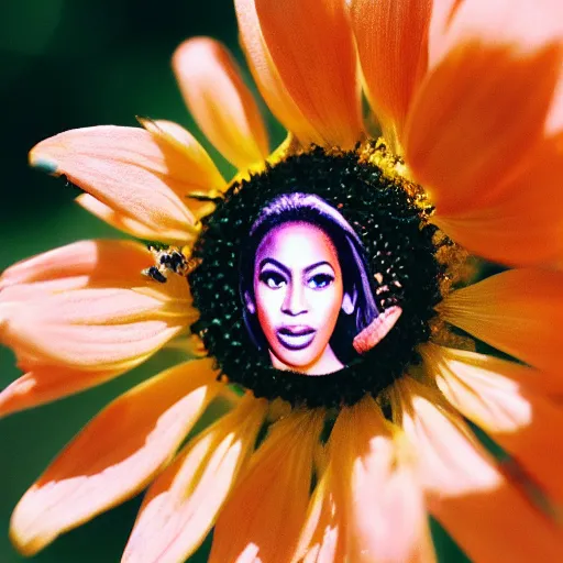 Prompt: closeup image of a bee with beyonce face