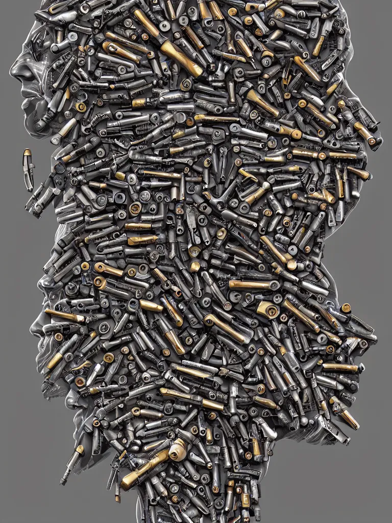 Prompt: head made of firearms rifles shotguns revolvers and bullets, ultrarealistic, intricate details, 4k, concept art, digital painting