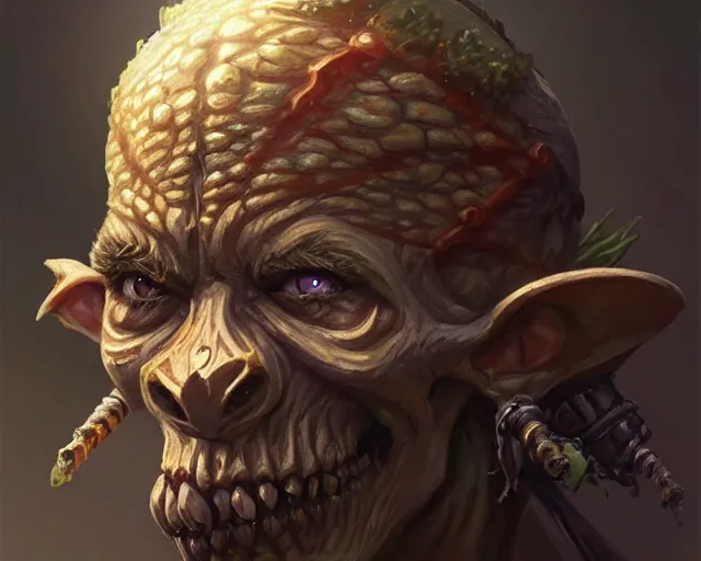 Image similar to a mind - blowing portrait of a goblin chieftain, wearing a human skull as a hat, deep focus, d & d, fantasy, intricate, elegant, highly detailed, digital painting, artstation, concept art, matte, sharp, illustration, hearthstone, art by artgerm and greg rutkowski and alphonse mucha