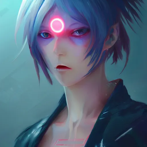 Image similar to digital cyberpunk anime character concept art gorgeous small female android cyborg - angel glowing red left eye and glowing blue right eye large angelic wings, wlop, rossdraws, sakimimichan, ilya kuvshinov, krenz cushart, greg rutkowski.