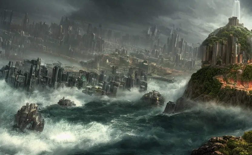 Image similar to a beautiful photo of a metropolis built on a island floating above the sea in the sky, waterfalls fall from the island into the sea, realistic, video game concept art, scifi, highly detailed, photography, ue 5, imax quality, cinematic, epic lighting, in the style of doom and quake and greg rutkowski