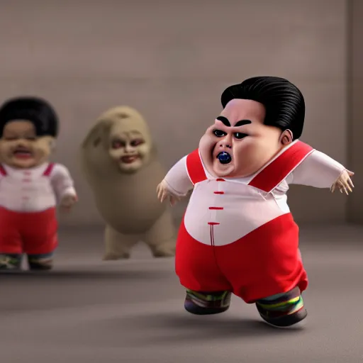 Prompt: kim jong un doll being chased by screaming chucky doll octane render