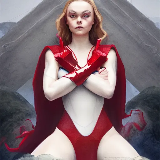 Prompt: portrait of modern darna, elle fanning in santorini as scarlett witch in prey, intricate, elegant, dark vibes, highly detailed, digital painting, artstation, glamor pose, concept art, smooth, sharp focus, illustration, art by wlop, mars ravelo and greg rutkowski