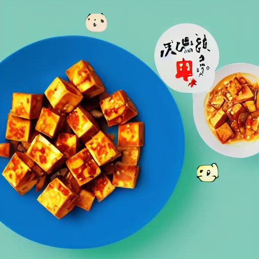 Image similar to mapo tofu as cartoon, hyperpop aesthetics on the background, minimal, sweet color scheme, adventure time style