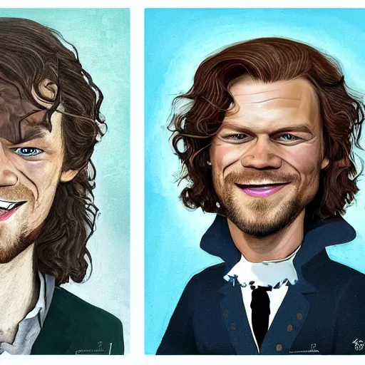 Prompt: Sam Heughan as Jamie Fraser, caricature portrait exaggerated by Sebastian Krüger and Bruno Tesse trending on artstation, hyperdetailed, funny , humor, perfect composition. Scotland background