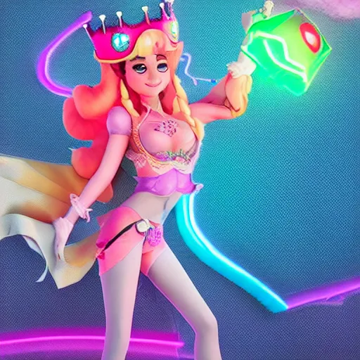 Image similar to Princess peach mixed with jinx from league of legends, dancing, background with neon lighting, raytrayced, octane render, epic composition, intricate details, hyperrealist, by Joe Benitez, WLOP, Alessandro Barbucci, Barbara Canepa