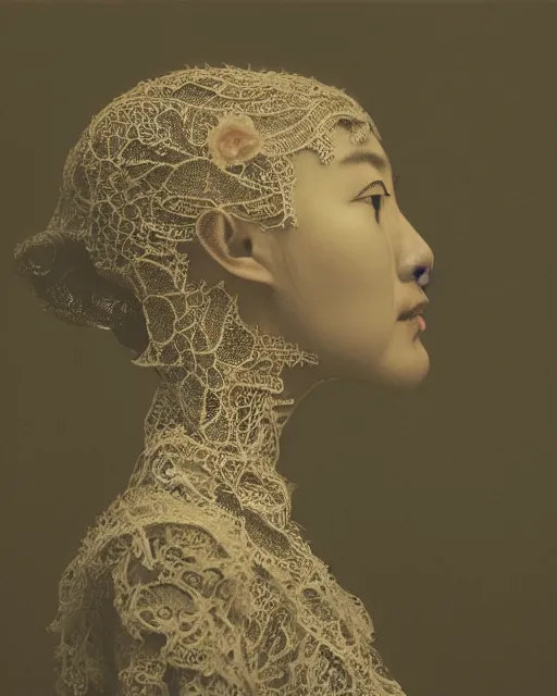 Prompt: a chinese woman's face in profile, made of intricate lace skeleton, in the style of the dutch masters and gregory crewdson, dark and moody