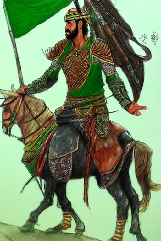 Prompt: arabian warrior, with green turf and flag, realistic, sketch and art by jacqueline e, color by bo feng lin