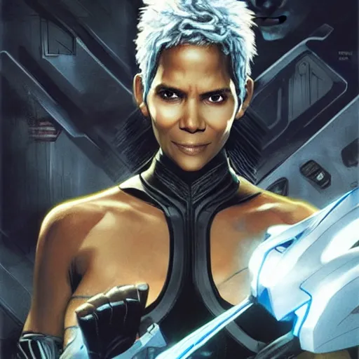 Prompt: halle berry as the character strom from x - men, white hair, lightning beings, epic splash cover art, meeting chadwick boseman black banther, by artgerm, greg rutkowski, james gurney, alex ross