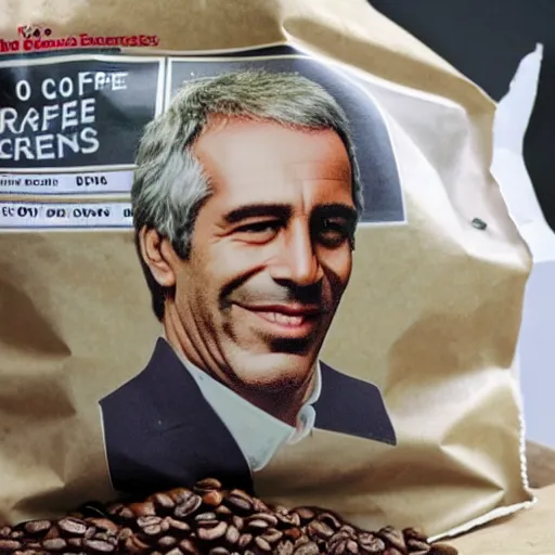 Prompt: A bag of coffee beans with Jeffrey Epstein depicted on the front