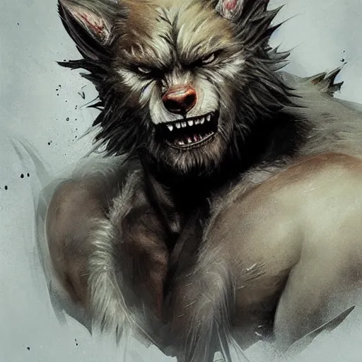 Image similar to fuzzy furry ears werewolf lycanthrope grinning razorpunk vile reprobate jason statham ripped physique portrait Wolfman Wolfman Fenrir with tombow jonas de ro greg rutkowski frank frazetta alexandre briclot Dave Dorman splatterpaint