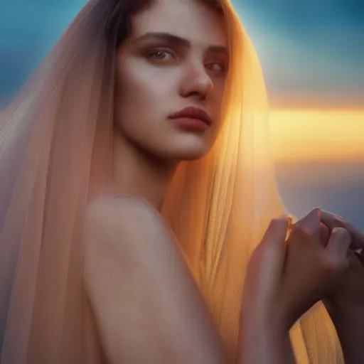 Image similar to closeup portrait of a stunningly beautiful female, silk veil at sunset, fashion photoshoot, by edward robert hughes, annie leibovitz and steve mccurry, david lazar, jimmy nelsson, breathtaking, 8 k resolution, extremely detailed, beautiful, establishing shot, artistic, hyperrealistic, beautiful face, octane render