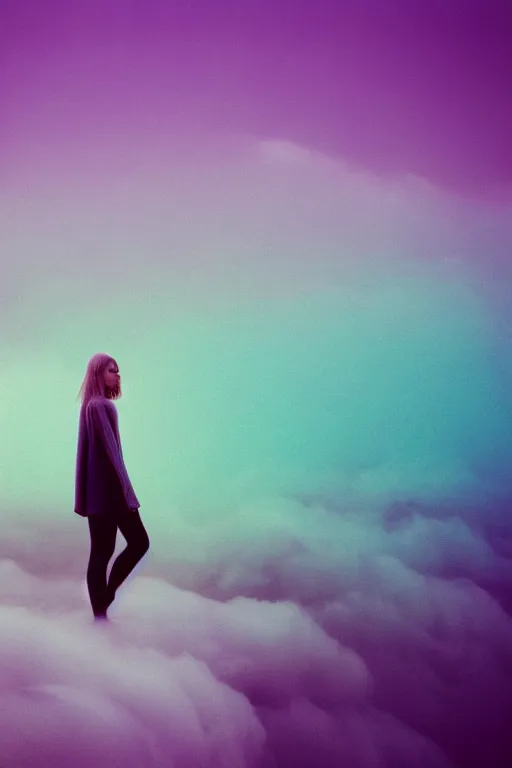 Image similar to high quality pastel coloured film close up wide angle photograph of a model wearing clothing swimming on cloud furniture in a icelandic black rock!! environment in a partially haze filled dreamstate world. three point light, rainbow. photographic production. art directed. pastel colours. volumetric clouds. pastel gradient overlay. waves glitch artefacts. extreme facial clarity. 8 k. filmic.