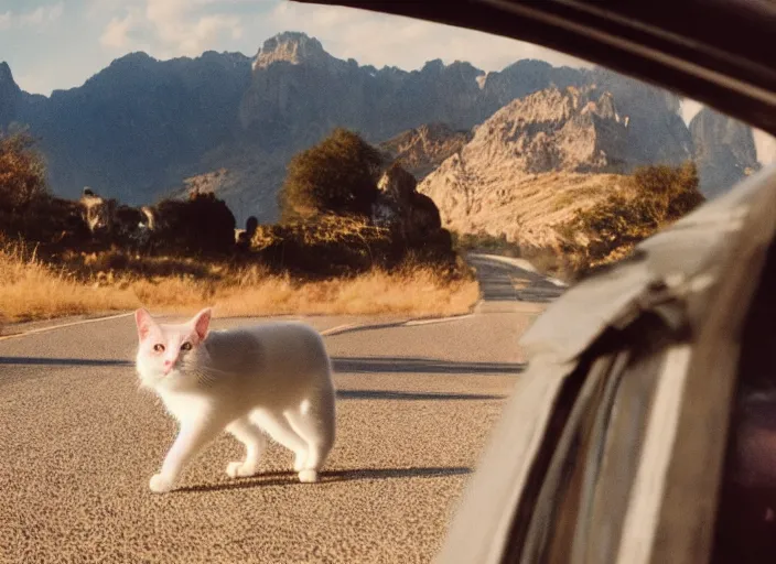 Image similar to A very high resolution image from a new movie, a cat driging around, inside of a car , mountains, Polaroid, directed by wes anderson