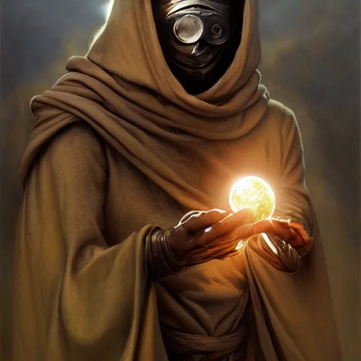 Image similar to masked nomad male wearing a cloak on and holding a holographic planet projection in his hand, detailed, sci - fi, digital painting, artstation, sharp focus, illustration, ominous, artgerm, tomasz alen kopera, peter mohrbacher, donato giancola, joseph christian leyendecker, wlop, frank frazetta