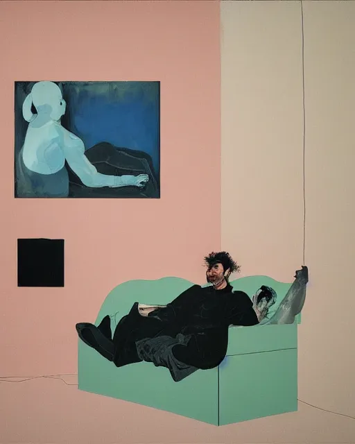 Image similar to a man reclines on a sofa in a domestic interior by james jean and luc tuymans and beeple and hernan bas and pat steir and hilma af klint, psychological, 3 d, dripping paint, high quality render, masterpiece