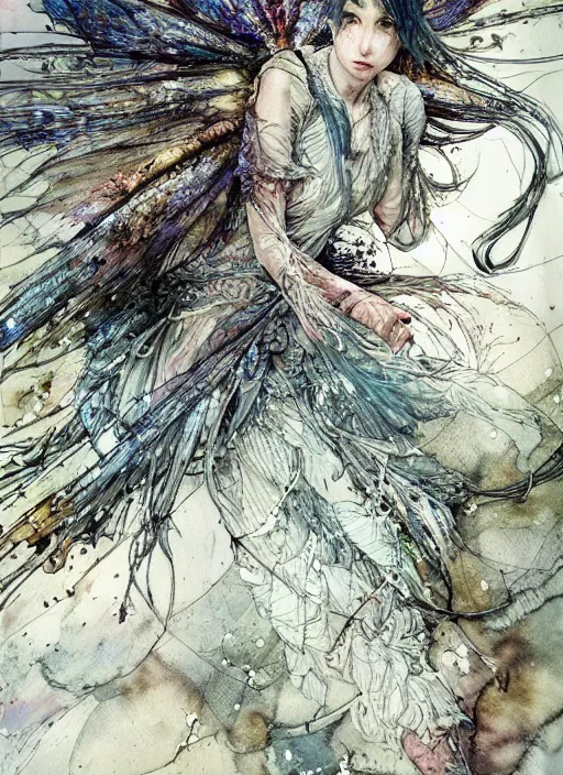 Image similar to beautiful, limping fairy, walks across the battlefield toward an oasis, barb wire, explosions, torn wing, watercolor, pen and ink, intricate line drawings, by Yoshitaka Amano, Ruan Jia, Kentaro Miura, Artgerm,