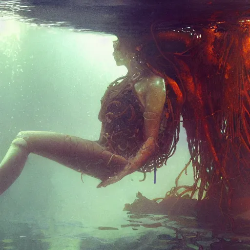 Prompt: a photograph of a create made out of a humanoid nervous system submerged and rusted in the water, cinematic, volumetric lighting, f 8 aperture, cinematic eastman 5 3 8 4 film, photorealistic by greg rutkowski, by stanley artgerm, by alphonse mucha