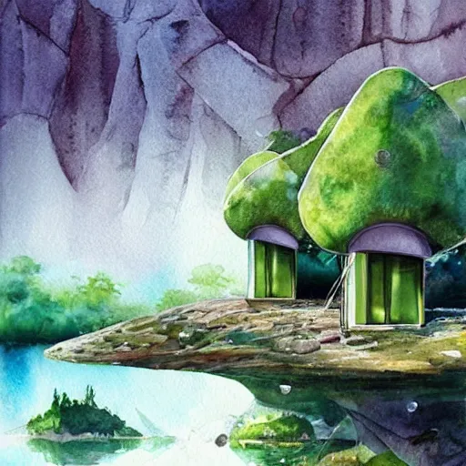 Image similar to beautiful happy picturesque charming sci - fi modular organic pod - like homes of the future in a beautiful natural scene. water, trees and rocks. beautiful light. soft colour scheme. beautiful artistic detailed watercolor by lurid. ( 2 0 2 2 )