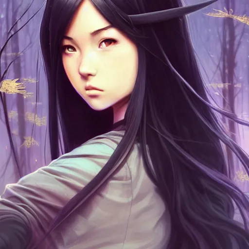 Image similar to a beautiful girl with long dark hair, wearing a ninja uniform, forest background, fantasy, intricate, highly detailed, digital painting, artstation, official media, anime key visual, concept art, rich vivid colors, ambient lighting, sharp focus, illustration, art by Artgerm, Makoto Shinkai, Ilya Kuvshinov, Lois Van Baarle, and Rossdraws