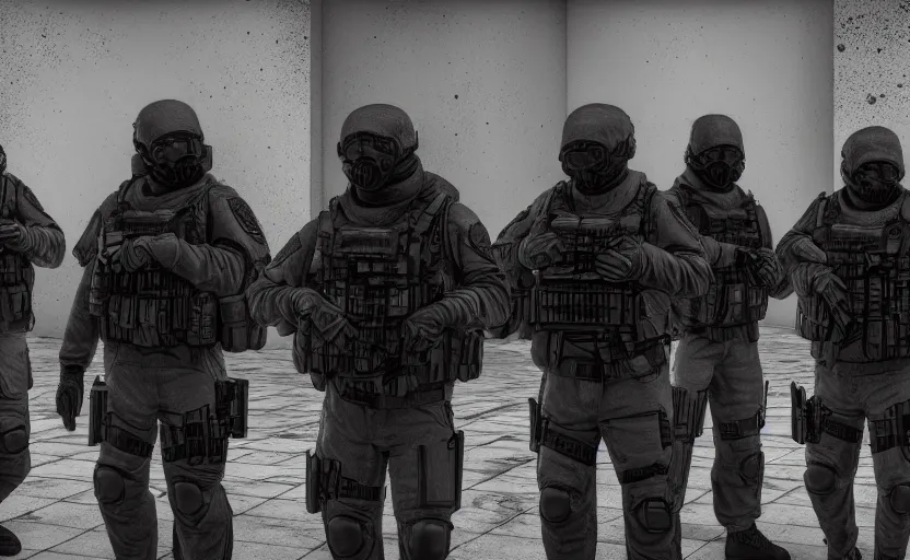 Prompt: SCP tactical team preparing to enter a haunted mansion. 8K. very detailed. photorealism. artstation. 25mm f/1.7 ASPH Lens. ultra realistic