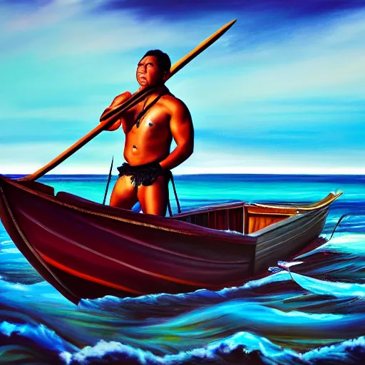 Prompt: a pacific islander warrior on a boat painting, 4 k, hyper realistic, dslr, high resolution, landscape, beautiful