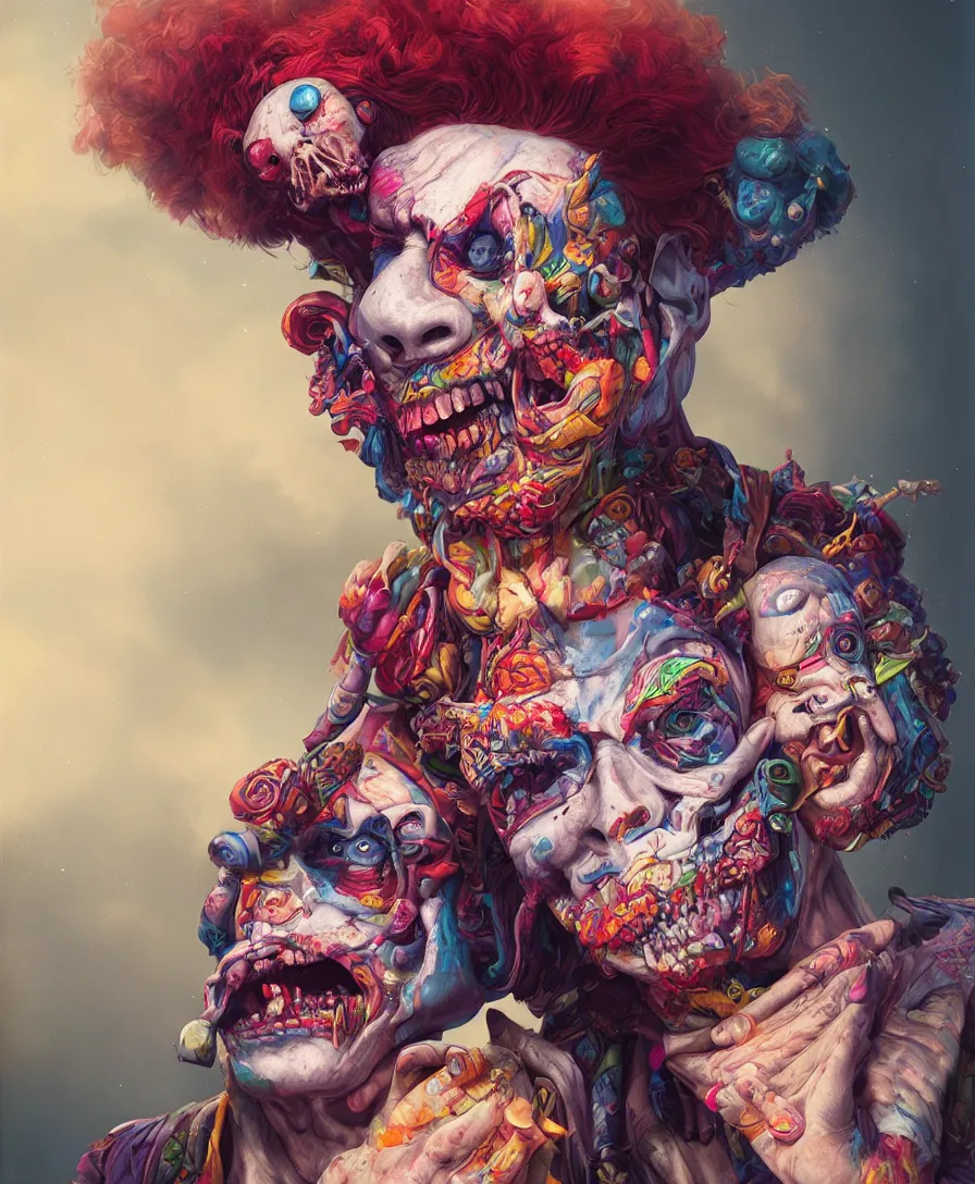 Prompt: portrait death Clown, high detail, deviantart, artstation, octane render, cinematic, hyper realism, 8k, depth of field, concept art, illustration, vibrant colors, by Tristan Eaton Stanley Artgerm and Tom Bagshaw