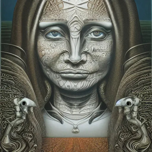 Image similar to monalisa by jacek yerka, alex gray, zdzisław beksiński, dariusz zawadzki, jeffrey smith and h.r. giger, oil on canvas, 8k highly professionally detailed, trending on artstation