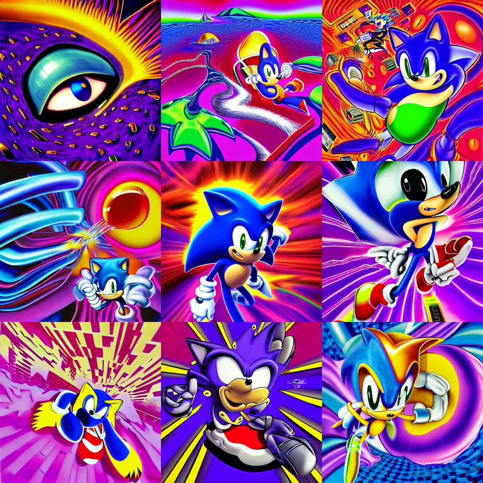 Image similar to surreal, sharp, detailed professional, high quality portrait sonic airbrush art MGMT album cover portrait of a liquid dissolving LSD DMT sonic the hedgehog surfing through cyberspace, purple checkerboard background, 1990s 1992 Sega Genesis video game album cover