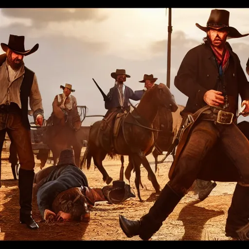 Image similar to a saloon fight between cowboys in the style of rockstar red dead redemption 2, concept art, 8 k, trending on artstation, brushstrokes