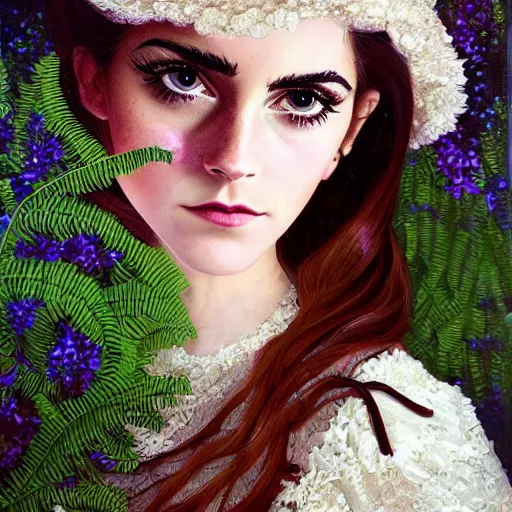 Image similar to big eyes full body fashion model emma watson smokey eyes makeup eye shadow textured film grain oil on canvas fantasy, glow, shimmer as victorian woman in a long white frilly lace dress and a large white hat having tea in a sunroom filled with flowers, roses and lush fern flowers ,intricate, night, highly detailed, dramatic lighting , high quality