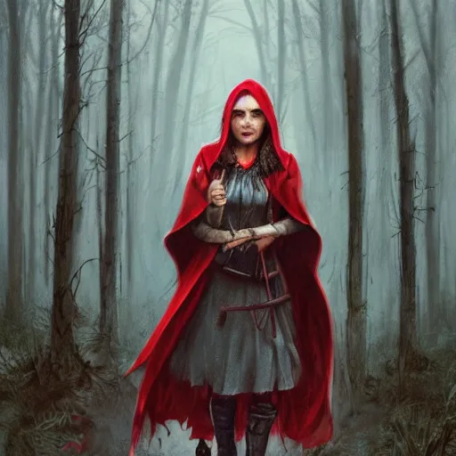 Image similar to elderly wolf hunter little red riding hood in the rain, detailed intricate ink illustration, dark atmosphere, detailed illustration, hd, 4k, digital art, overdetailed art, concept art, by greg rutkowski, by loish, complementing colors, Trending on artstation, deviantart