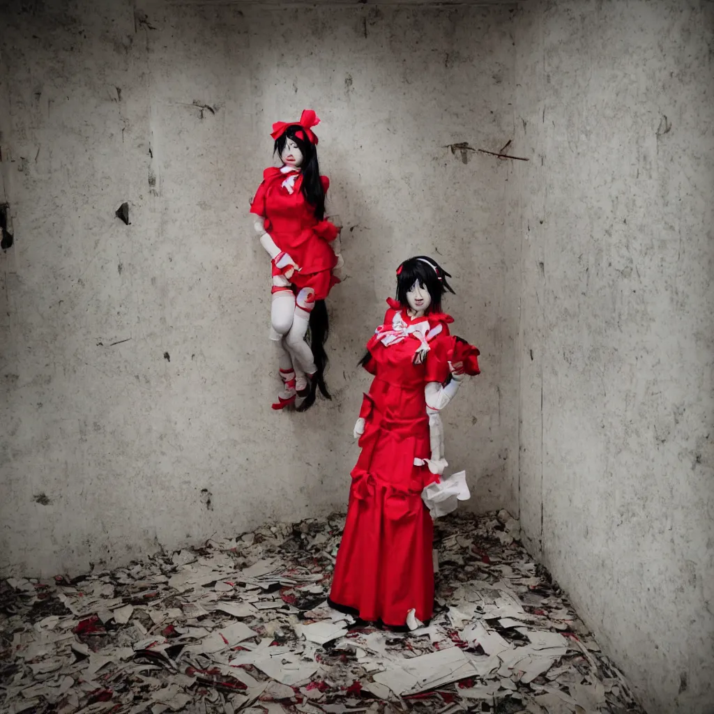 Image similar to rich and atmospheric! Polaroid! photo of a reimu hakurei cosplayer in an abandoned facility