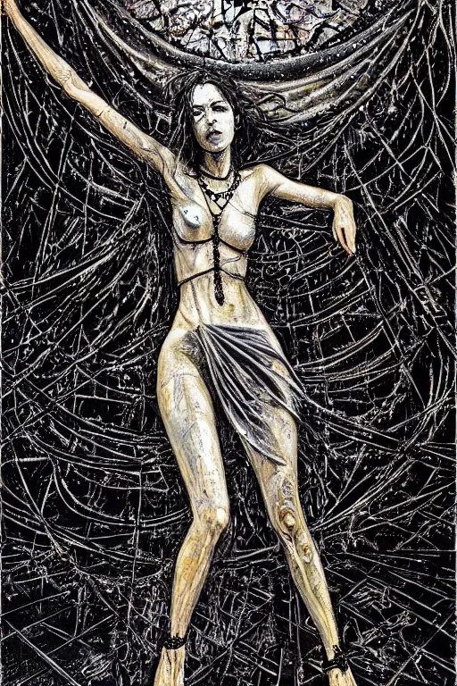 Prompt: dreamy gothic girl, black leather slim clothes, chains, wet hall stairs, beautiful body, detailed acrylic, grunge, intricate complexity, by dan mumford and by alberto giacometti, peter lindbergh