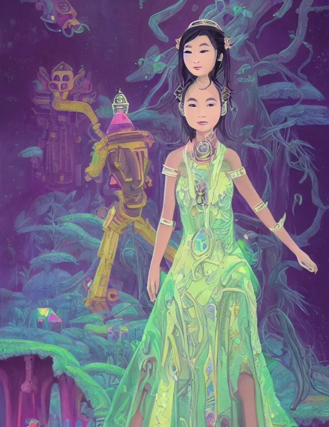 Image similar to southeast asian scifi princess of the cloud forest, wearing a lovely dress with cyberpunk details. this oil painting by the beloved children's book author has an interesting color scheme and impeccable lighting.