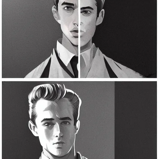 Image similar to a highly detailed epic cinematic concept art CG render digital painting artwork costume design: young James Dean as a well-kept neat perfect formal student in a 1950s USSR school uniform. By Greg Rutkowski, Ilya Kuvshinov, WLOP, Stanley Artgerm Lau, Ruan Jia and Fenghua Zhong, trending on ArtStation, made in Maya, Blender and Photoshop, octane render, excellent composition, cinematic atmosphere, dynamic dramatic cinematic lighting, cinematic colors, aesthetic, very inspirational, arthouse