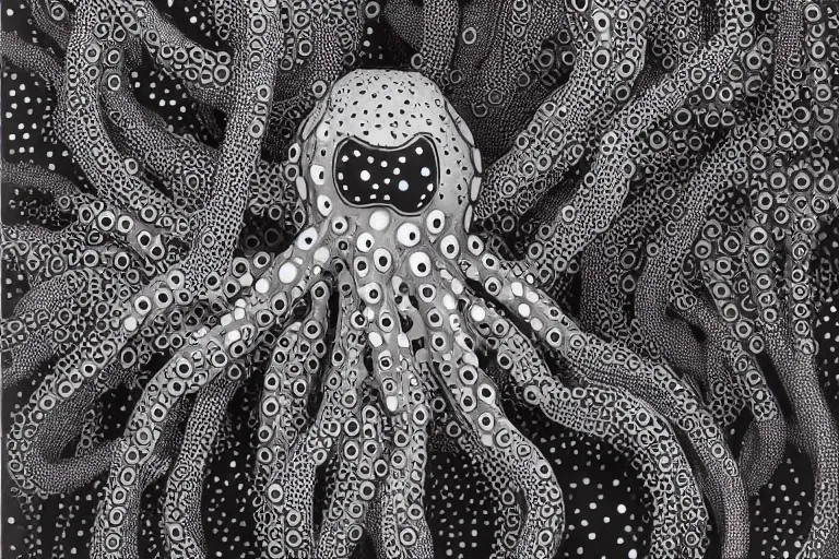 Prompt: a female body with octopus suction cups by yayoi kusama rending on cgsociety, retrofuturism, reimagined by industrial light and magic, darksynth, sci - fi