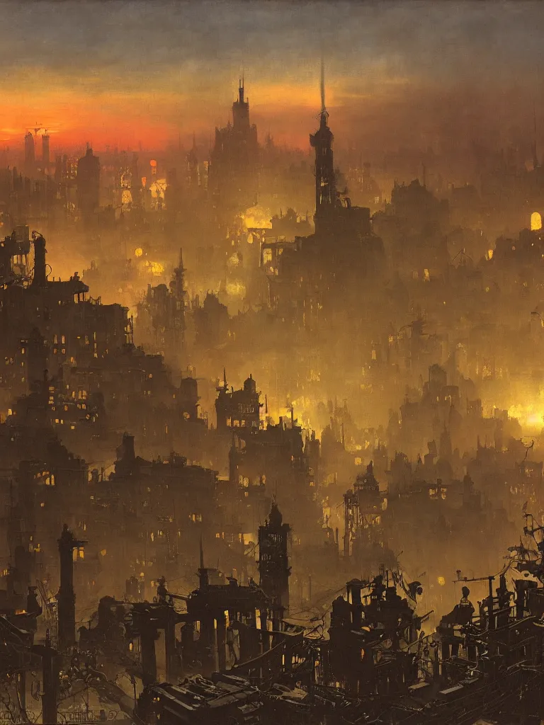 Prompt: a large dieselpunk and steampunk cityscape at dusk in russion during the 1 9 1 0 revolution, caspar friedrich, winslow homer, craig mullins,