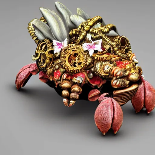 Prompt: a rococo hyperdetailed steampunk! flowerpunk photorealistic blooming hermit crab. hd matte background