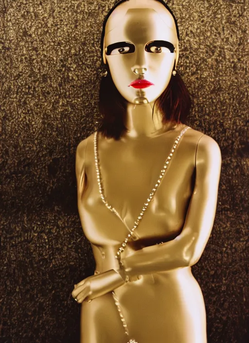 Image similar to a fashion portrait photograph of a mannequin wearing a metal mask with big spheres designed by wes anderson, 3 5 mm, color film camera, pentax