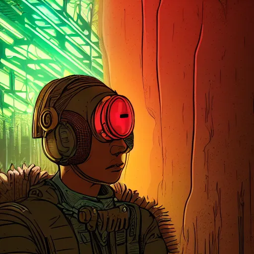 Image similar to in the style of max prentis and deathburger and laurie greasley a close up of a young explorer wearing a cyberpunk headpiece sitting within an ancient and dense mechanical forest, highly detailed, 8 k wallpaper