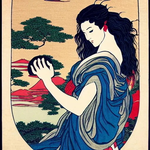 Prompt: Lorde reincarnated as Aphrodite in the style of Hokusai