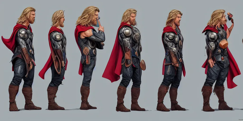 Prompt: cartoonish chris hemsworth as thor kissing his hammer and dancing, character sheet, fine details, concept design, contrast, kim jung gi, greg rutkowski, trending on artstation, 8 k, full body, turnaround, front view, back view, ultra wide angle