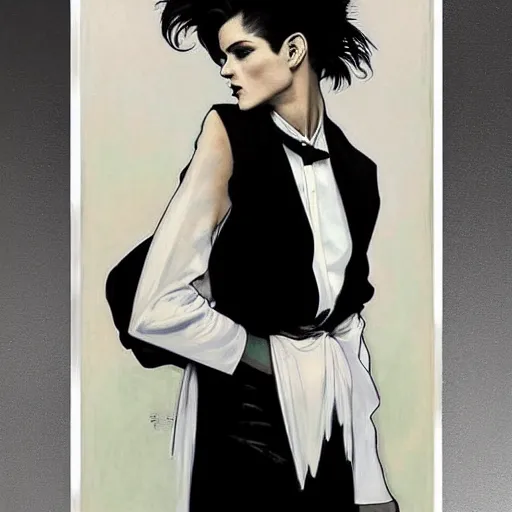 Image similar to beautiful portrait of androgynous ruby rose as desire from sandman in a white tuxedo!!!, rockabilly style,, by alphonse mucha, by jeremy mann, by peter lindbergh, cedric peyravernay, by frank moth, white suit and black tie, soft lightning, high detailed, 8 k