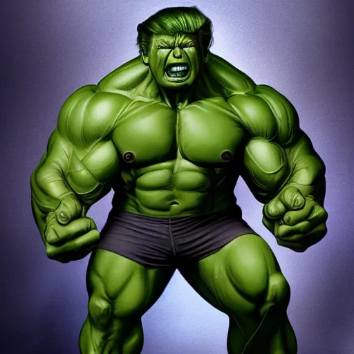 Prompt: photorealistic hulk in tight spandex with trump's face