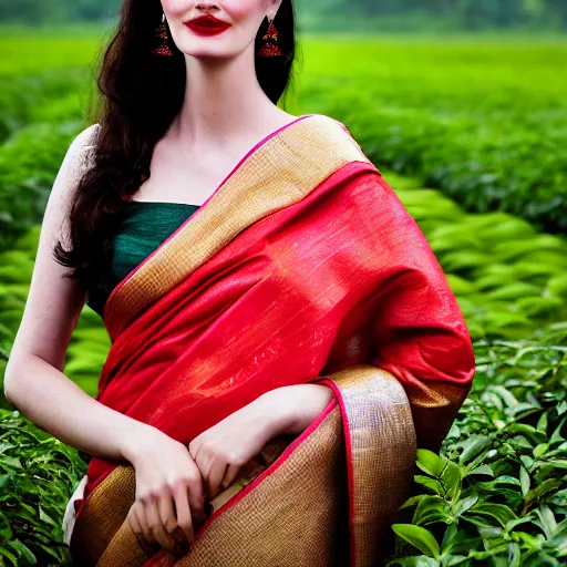 Prompt: close up Portrait of eva green as beautiful young teen girl wearing assamese bihu mekhela sleeveless silk saree and gamosa in Assam tea garden, XF IQ4, 150MP, 50mm, F1.4, ISO 1000, 1/250s, attractive female glamour fashion supermodel photography by Steve McCurry in the style of Annie Leibovitz, face by Artgerm, daz studio genesis iray, artgerm, mucha, bouguereau, gorgeous, detailed anatomically correct face!! anatomically correct hands!! amazing natural skin tone, 4k textures, soft cinematic light, Adobe Lightroom, photolab, HDR, intricate, elegant, highly detailed,sharp focus